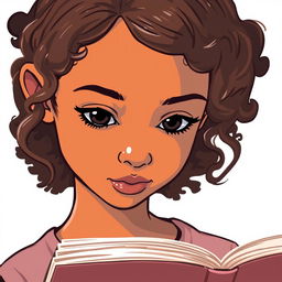 A portrait icon of a light-skinned girl with medium-length, curly hair, her expression focused as she reads