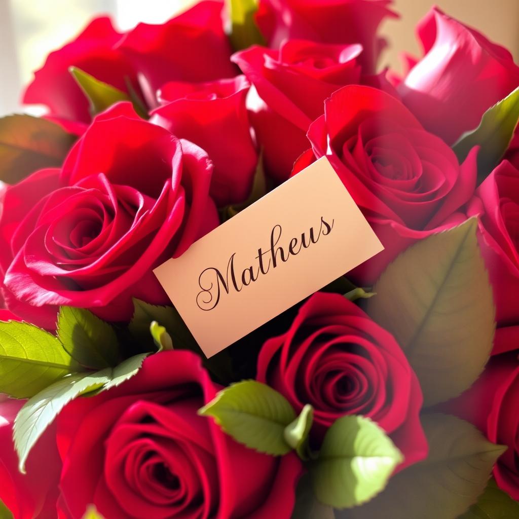 A beautifully arranged bouquet of vibrant red roses with a small, elegant note tucked amongst the blooms