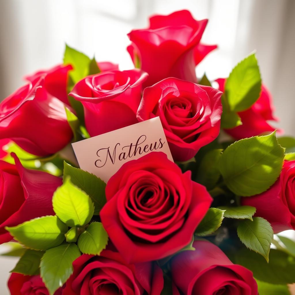 A beautifully arranged bouquet of vibrant red roses with a small, elegant note tucked amongst the blooms