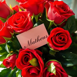 A beautifully arranged bouquet of vibrant red roses with a small, elegant note tucked amongst the blooms