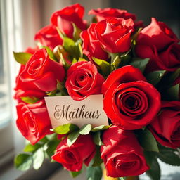 A beautifully arranged bouquet of vibrant red roses with a small, elegant note tucked amongst the blooms