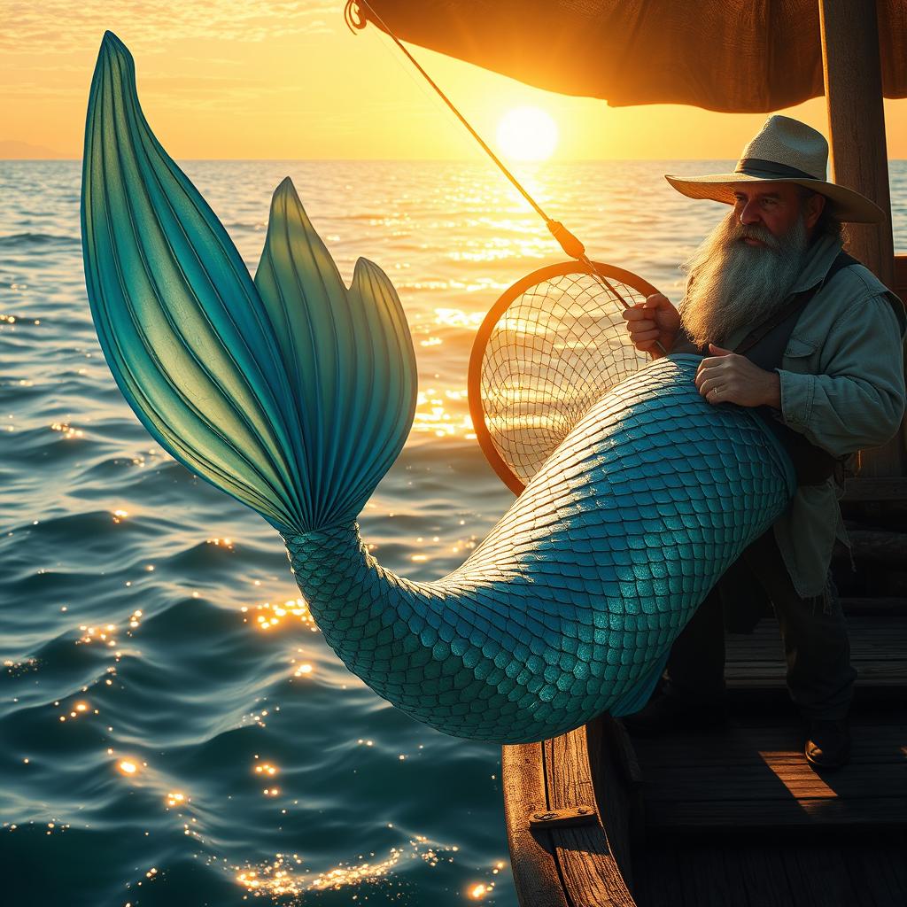 A fisherman capturing a mermaid under the sun, depicting a fantasy scene where the ocean sparkles with sunlight