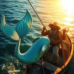 A fisherman capturing a mermaid under the sun, depicting a fantasy scene where the ocean sparkles with sunlight