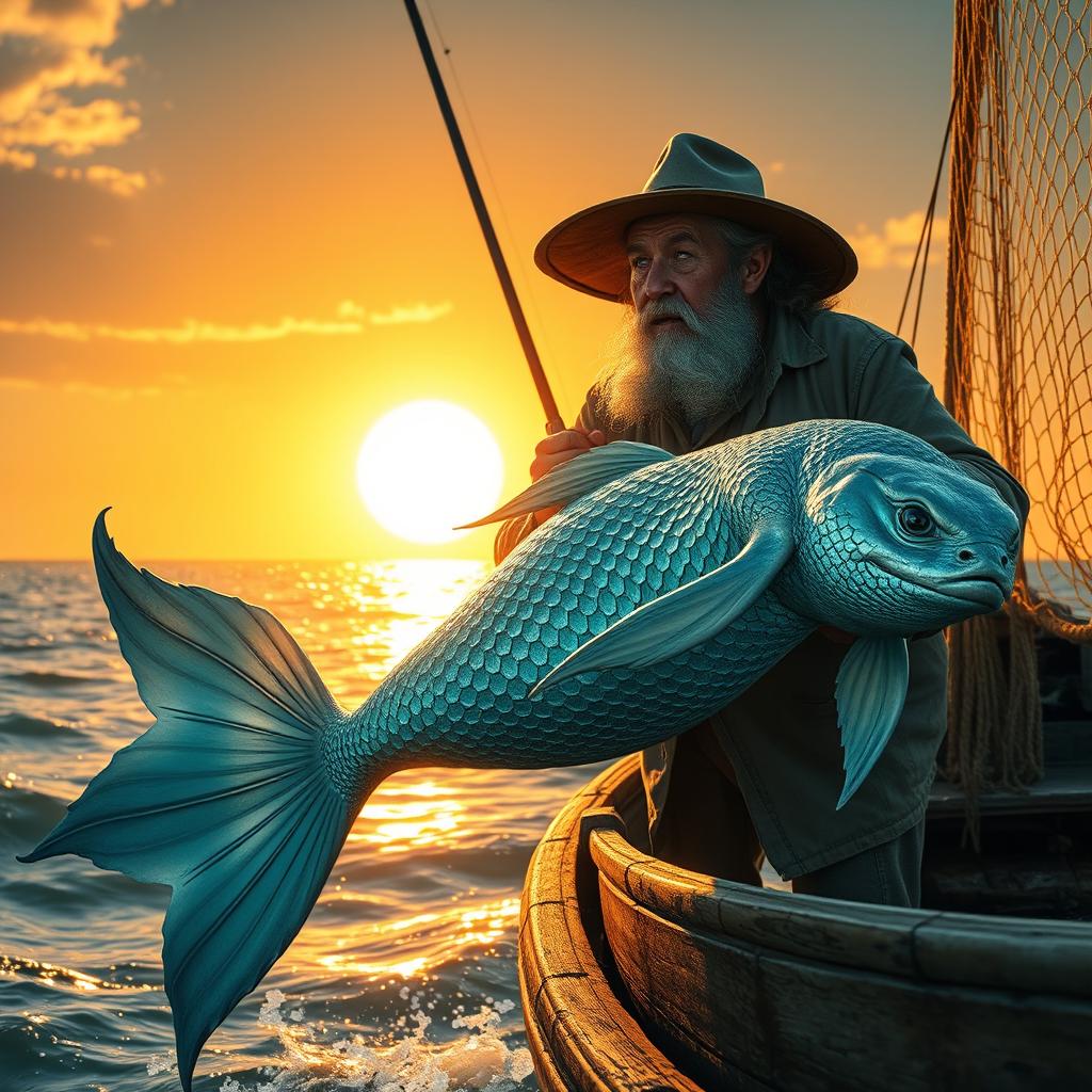 A fisherman capturing a mermaid under the sun, depicting a fantasy scene where the ocean sparkles with sunlight