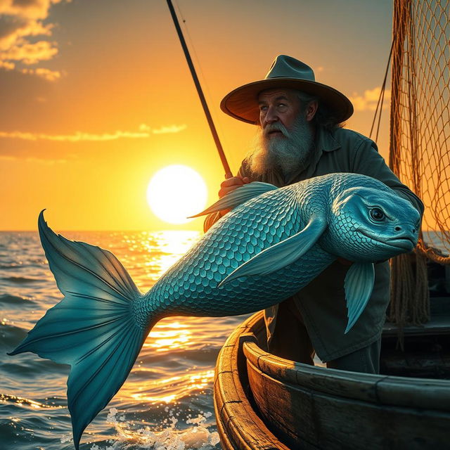 A fisherman capturing a mermaid under the sun, depicting a fantasy scene where the ocean sparkles with sunlight