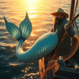 A fisherman capturing a mermaid under the sun, depicting a fantasy scene where the ocean sparkles with sunlight