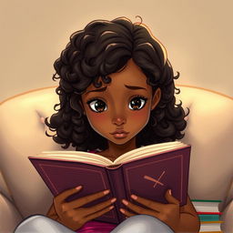 A detailed illustration of a light-skinned black girl with medium-length, curly hair, intently reading a book