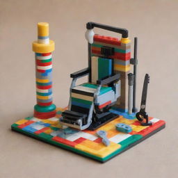 A colorful and intricate Lego set designed to resemble a barber clipper set, including scissors, a razor, a comb, and a barber chair