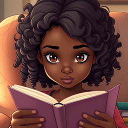 A detailed illustration of a light-skinned black girl with medium-length, curly hair, intently reading a book