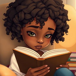 A detailed illustration of a light-skinned black girl with medium-length, curly hair, intently reading a book