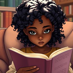 A detailed illustration of a light-skinned black girl with medium-length, curly hair, intently reading a book