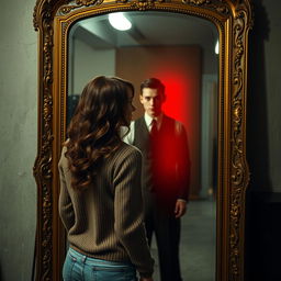 A digital image of a woman with dark coppery wavy hair and white skin wearing a sweater and jeans, standing in front of a full-length antique Victorian mirror