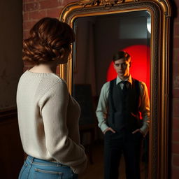 A digital image of a woman with dark coppery wavy hair and white skin wearing a sweater and jeans, standing in front of a full-length antique Victorian mirror