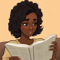 An illustration of a light-skinned black woman with medium-length, curly hair, deeply engaged in reading