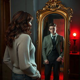 A digital image of a woman with dark coppery wavy hair and white skin wearing a sweater and jeans, standing in front of a full-length antique Victorian mirror