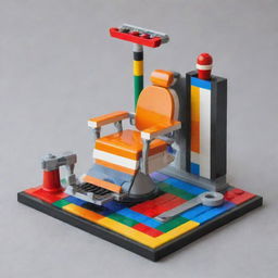 A colorful and intricate Lego set designed to resemble a barber clipper set, including scissors, a razor, a comb, and a barber chair