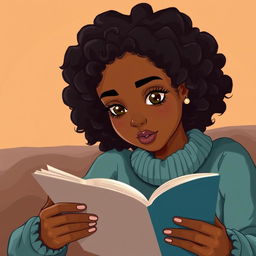 An illustration of a light-skinned black woman with medium-length, curly hair, deeply engaged in reading