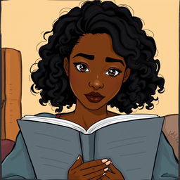 An illustration of a light-skinned black woman with medium-length, curly hair, deeply engaged in reading