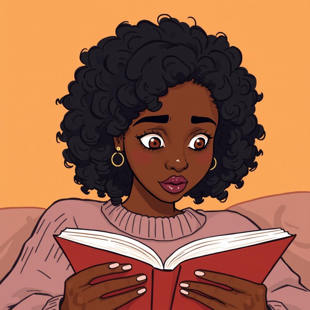 An illustration of a light-skinned black woman with medium-length, curly hair, deeply engaged in reading