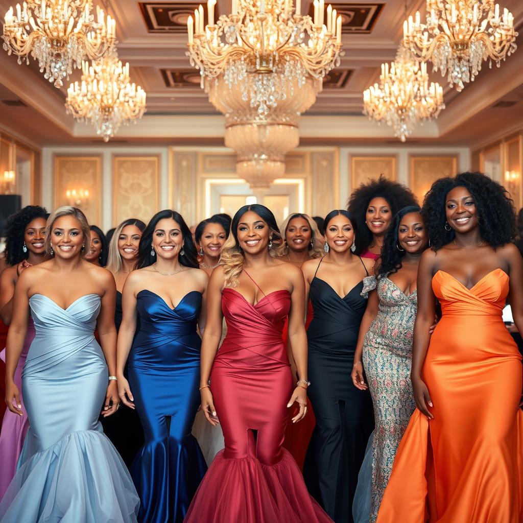 Celebration of powerful women arriving in a grand scene