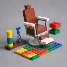 A colorful and intricate Lego set designed to resemble a barber clipper set, including scissors, a razor, a comb, and a barber chair