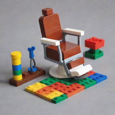 A colorful and intricate Lego set designed to resemble a barber clipper set, including scissors, a razor, a comb, and a barber chair
