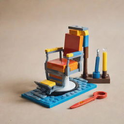 A colorful and intricate Lego set designed to resemble a barber clipper set, including scissors, a razor, a comb, and a barber chair