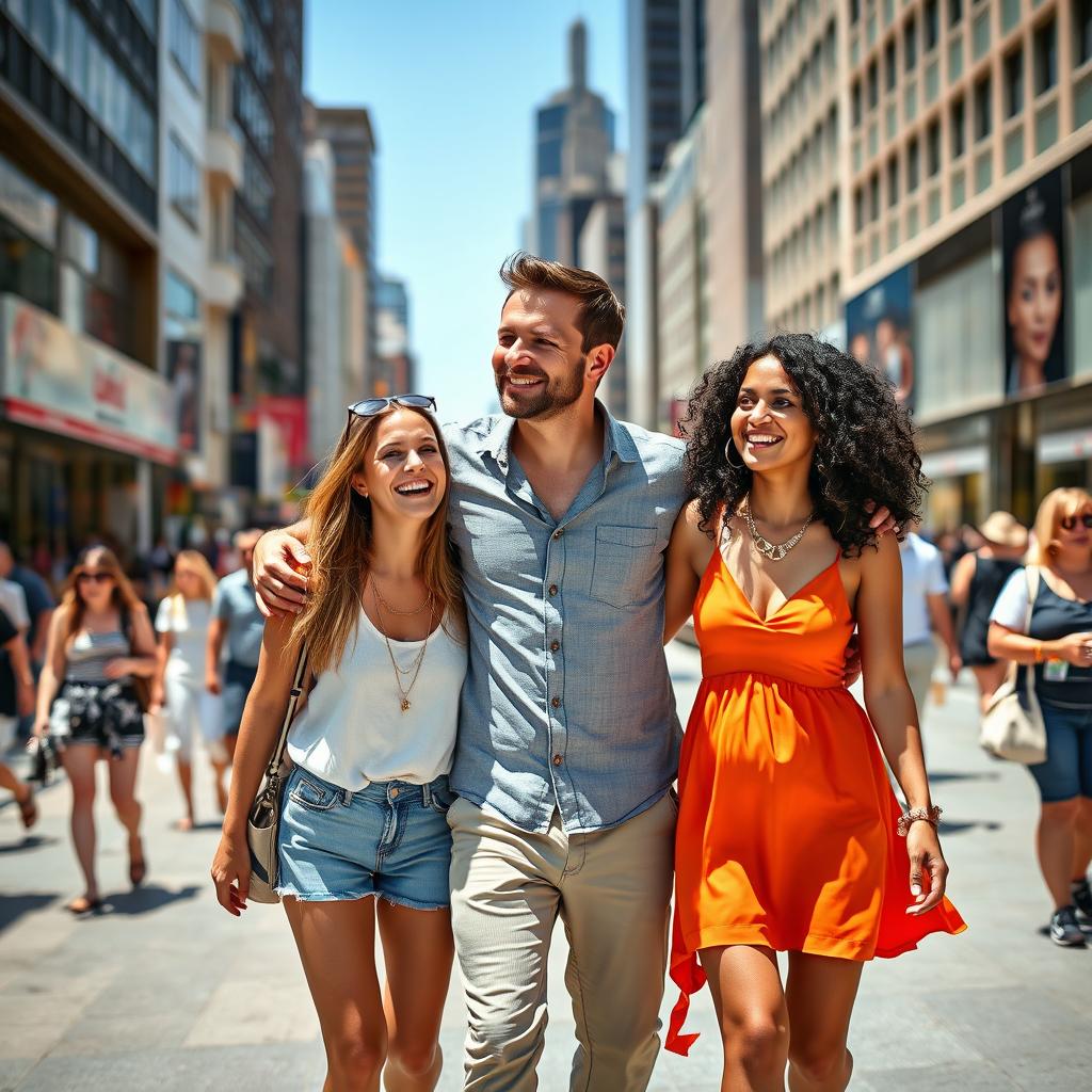 A man walking while embracing two women, all of them smiling and enjoying the stroll