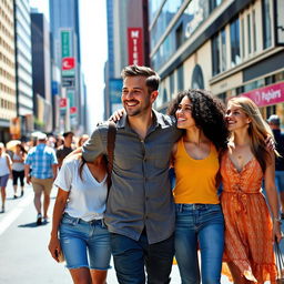 A man walking while embracing two women, all of them smiling and enjoying the stroll