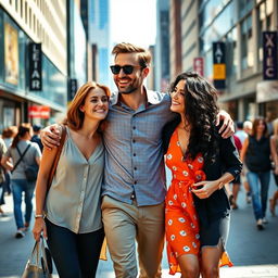 A man walking while embracing two women, all of them smiling and enjoying the stroll