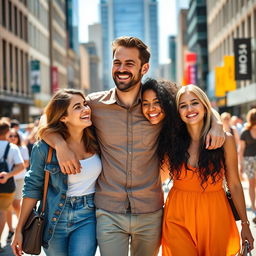 A man walking while embracing two women, all of them smiling and enjoying the stroll