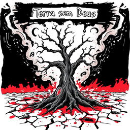 A rotten tree stands in a devastated landscape, depicted in doodle art style with dark and red colors