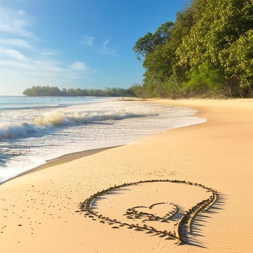 Scenic beach near the blue ocean, with a sprinkling of trees, and the word 'RAMADAN' etched into the sand, enhanced by a heart symbol.