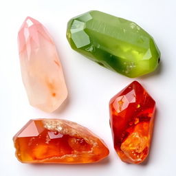 A stunning arrangement of four exquisite crystals: a soft pink Rose Quartz radiating gentle love, a lush Green Aventurine symbolizing prosperity, a rich Amber glowing with golden warmth, and a fiery Carnelian shimmering with vibrant energy