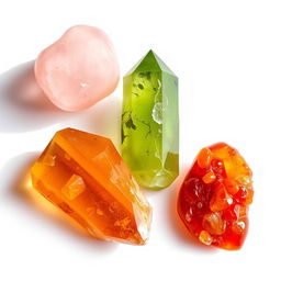 A stunning arrangement of four exquisite crystals: a soft pink Rose Quartz radiating gentle love, a lush Green Aventurine symbolizing prosperity, a rich Amber glowing with golden warmth, and a fiery Carnelian shimmering with vibrant energy