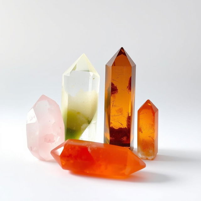 A stunning arrangement of four exquisite crystals: a soft pink Rose Quartz radiating gentle love, a lush Green Aventurine symbolizing prosperity, a rich Amber glowing with golden warmth, and a fiery Carnelian shimmering with vibrant energy