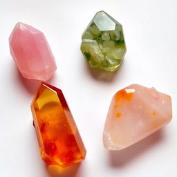 A stunning arrangement of four exquisite crystals: a soft pink Rose Quartz radiating gentle love, a lush Green Aventurine symbolizing prosperity, a rich Amber glowing with golden warmth, and a fiery Carnelian shimmering with vibrant energy