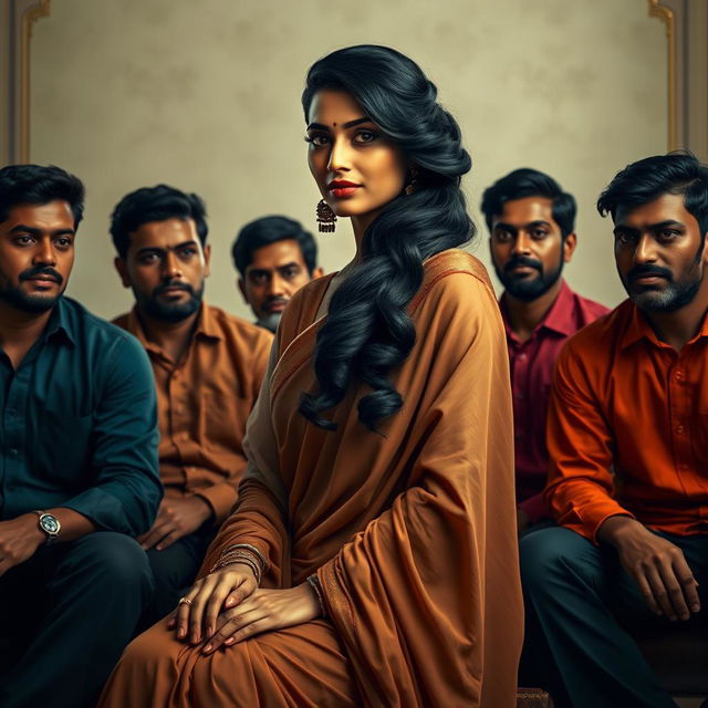 An artistic portrayal of an Indian woman with elegantly styled black hair, sitting gracefully among six men, each showcasing a look of admiration