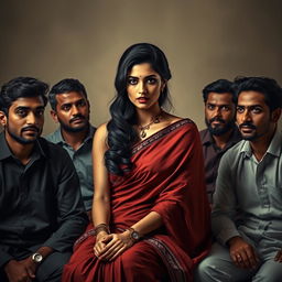 An artistic portrayal of an Indian woman with elegantly styled black hair, sitting gracefully among six men, each showcasing a look of admiration