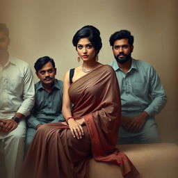 An artistic portrayal of an Indian woman with elegantly styled black hair, sitting gracefully among six men, each showcasing a look of admiration