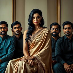 An artistic portrayal of an Indian woman with elegantly styled black hair, sitting gracefully among six men, each showcasing a look of admiration