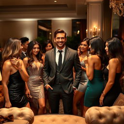 A charismatic man surrounded by several attractive women, all gathered in an upscale, luxurious environment