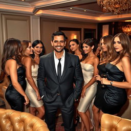 A charismatic man surrounded by several attractive women, all gathered in an upscale, luxurious environment