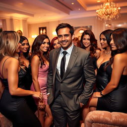 A charismatic man surrounded by several attractive women, all gathered in an upscale, luxurious environment