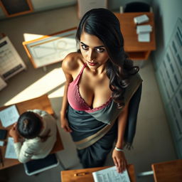 A sexy and hot teacher with big breasts, wearing a black saree over a stylish pink bra, depicted from a top view camera angle