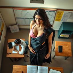 A sexy and hot teacher with big breasts, wearing a black saree over a stylish pink bra, depicted from a top view camera angle