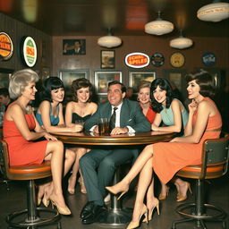 a 1960s man sitting around a table with multiple women, looking joyful and inebriated, wearing classic 60s clothing like a tailored suit, narrow tie, and polished shoes