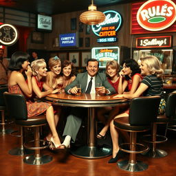 a 1960s man sitting around a table with multiple women, looking joyful and inebriated, wearing classic 60s clothing like a tailored suit, narrow tie, and polished shoes