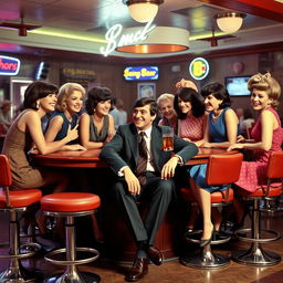 a 1960s man sitting around a table with multiple women, looking joyful and inebriated, wearing classic 60s clothing like a tailored suit, narrow tie, and polished shoes