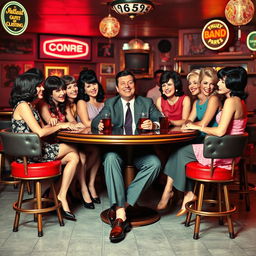 a 1960s man sitting around a table with multiple women, looking joyful and inebriated, wearing classic 60s clothing like a tailored suit, narrow tie, and polished shoes